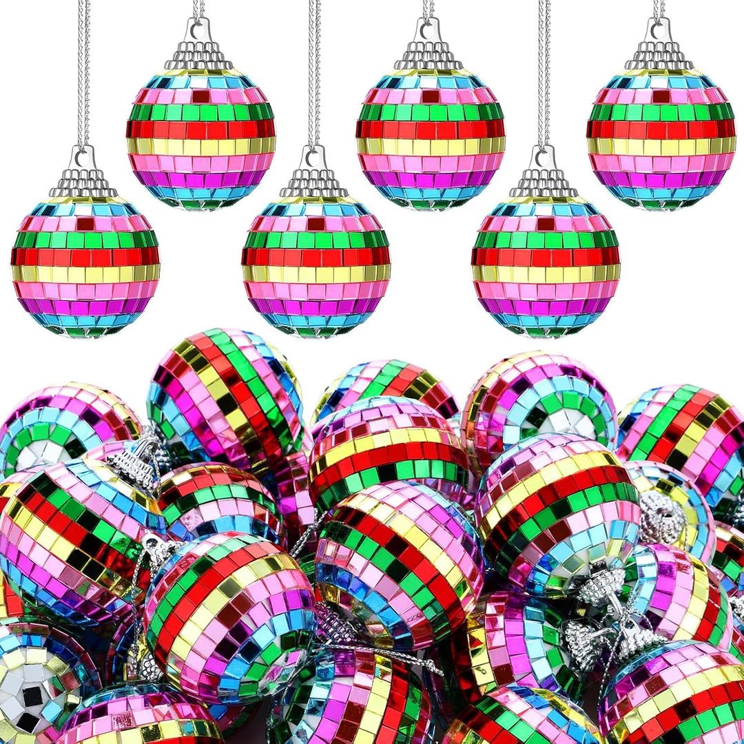 BBTO 24 Pieces Mini Christmas Disco Balls 70s Party Decor Christmas Tree Decoration Hanging Reflective Mirror Disco Ball Decoration for Birthday Party Decor(1.97 Inch,Colorful)