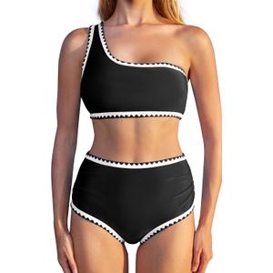 MOOSLOVER Women Whip Stitch Bikini Sets One Shoulder High Waisted 2 Piece Swimsuit Summer Beach Swim Bathing Suits (Black, M)