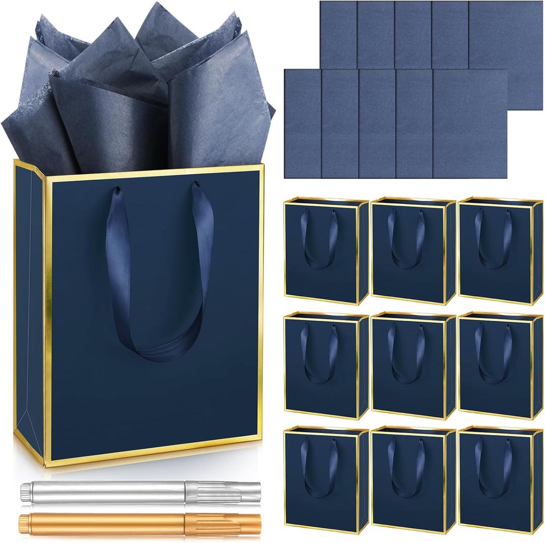 Yeaqee 10 Pack Metallic Paper Gift Bags with Handle Tissue Paper Thank You 5 Senses Gift Bag for Birthday Wedding Baby Shower Groomsmen Bridal Graduation Party Favor 9 x 7 x 3.15''(Navy Blue, Gold)