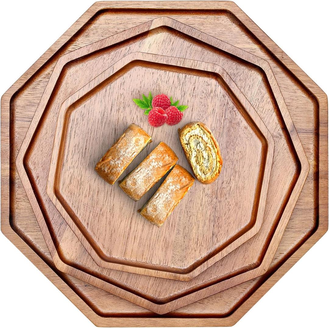 Set of 3 Acacia Wood Serving Trays Cheese Platters Party Hosting Essentials Gifts Charcuterie Board for Vegetable Fruit Food Round Tray Wooden Appetizer Platter Christmas Plates Dish Serving Boards (12&10&8 inch (3 Pcs))