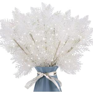 20Pcs Christmas Tree Picks Sprays 10.4" Glitter Artificial Pine Needles Branches Twigs Fake Pine Stems Picks for Xmas Tree Holiday Arrangement Crafts DIY Garland Wreath Home Decor (20, White)