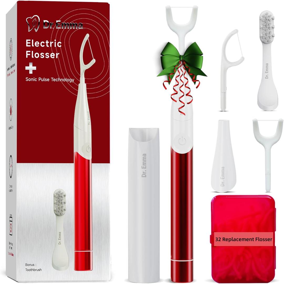 Electric Vibration Flosser, Power Flosser for Adults, Gum Stimulator, Teeth Cleaner, Reusable Flossing Tool with Toothbrush, Water Flosser Alternative, Red