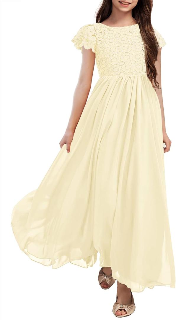 HOSIKA Girls Vintage Chiffon Ruffle Sleeve A-Line Wedding Party Maxi Junior Bridesmaid Dress for Kids 12 Years Apricot