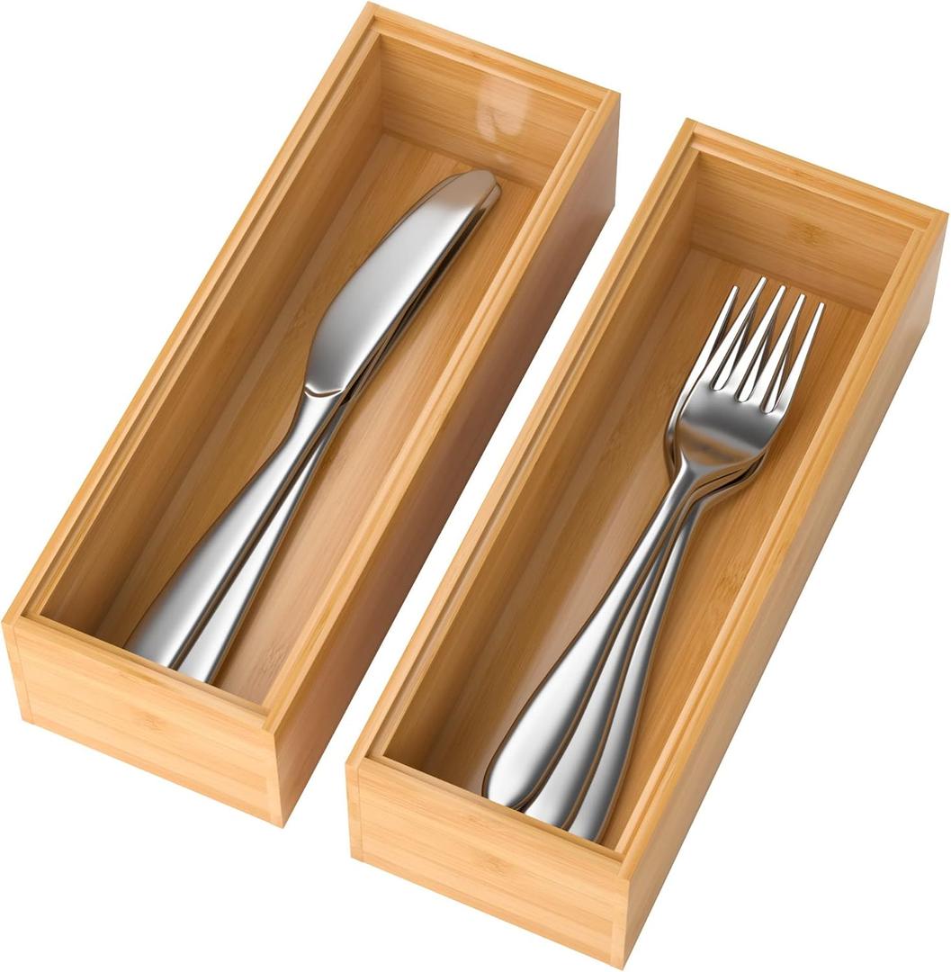 Bamboo Drawer Organizer  Set of 2 Stackable Storage Boxes, Silverware Tray & Small Gadget Holder for Kitchen Drawers, 9" x 3" x 2" (Outer), 8.3" x 2.3" x 1.77" (Inner) (Yellow)
