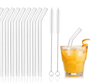 [8 Pcs] Reusable Short Bent Glass Straws - 6" x 10 mm Clear Glass Straws Shatter Resistant Cocktail Straw With 2 Cleaning Brushes for Whiskey,Coffee,Juice,Soda Drinks
