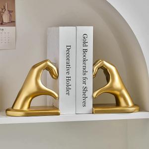 Steviieden Decorative Bookends, Solid Hearthands Sculpture Book Stopper Decor Book Holder for Shelf Home Office Bedroom Living Room (Gold)