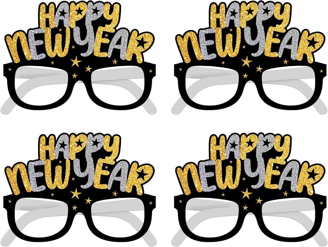 KatchOn, 2026 Glasses New Years - Pack of 4 | Happy New Year Glasses, New Years Eve Party Supplies 2026 | New Years Photo Booth Props, New Years Decorations 2026 | NYE Party Favors, NYE Decorations (Glitter Black and Gold)