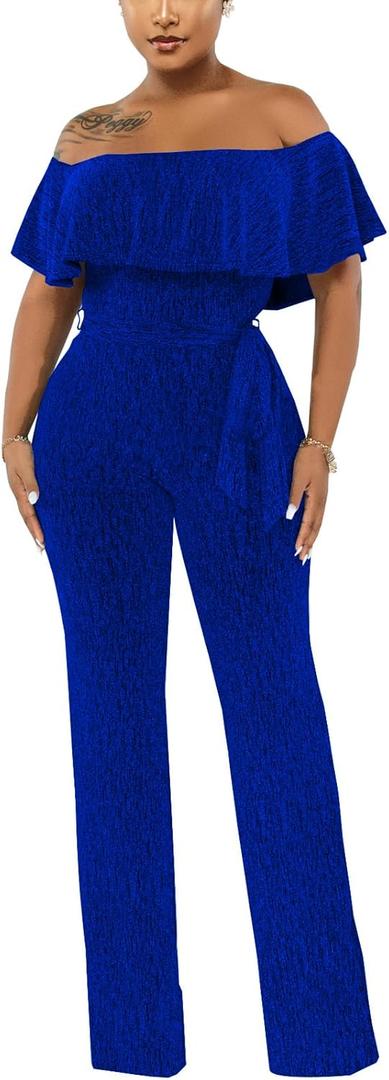 Women's Sexy Sparkly Classy Jumpsuits Casual Off Shoulder Loose Wide Leg Pants Clubwear Party Rompers (Blue), Small