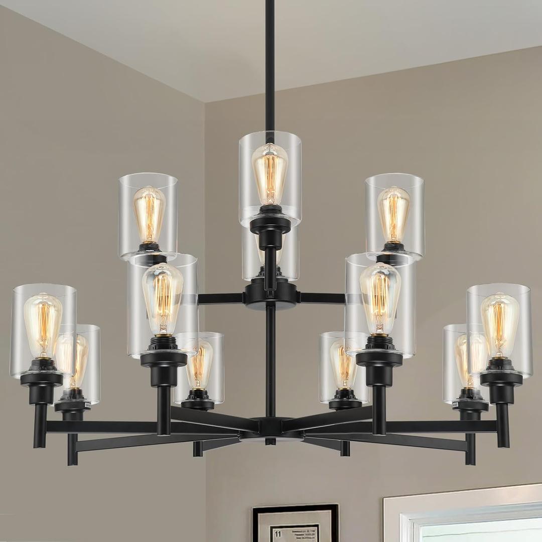 LIGHTDAMY Black Chandelier for Living Room Light Fixture, Large Farmhouse Chandeliers with Clear Glass Shade, Industrial 2-Tier 12 Lights Hanging Lighting for Dining Room Restaurant Villa, 12-Light D37.4"
