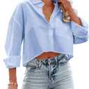 Tankaneo Womens Button Down Cropped Shirts Long Sleeve Casual Crop Tops Solid Lapel Blouse Shirt with Chest Pocket (Blue, S)