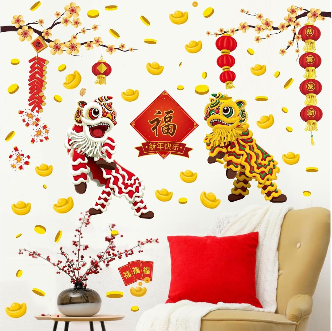 Chinese New Year Wall Decals 2026 Spring Festival Decoration Decal Chinese New Year Window Stickers Removable Fu Character Decor Lanterns Plum Blossom Vinyl Decals for Living Room Kitchen Party Supply (Red)