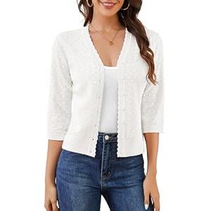 Bbonlinedress Women's White Summer Cropped Cardigan Sweaters Long Sleeves Knit Lightweight Button Down Shrugs Tops Ivory XL