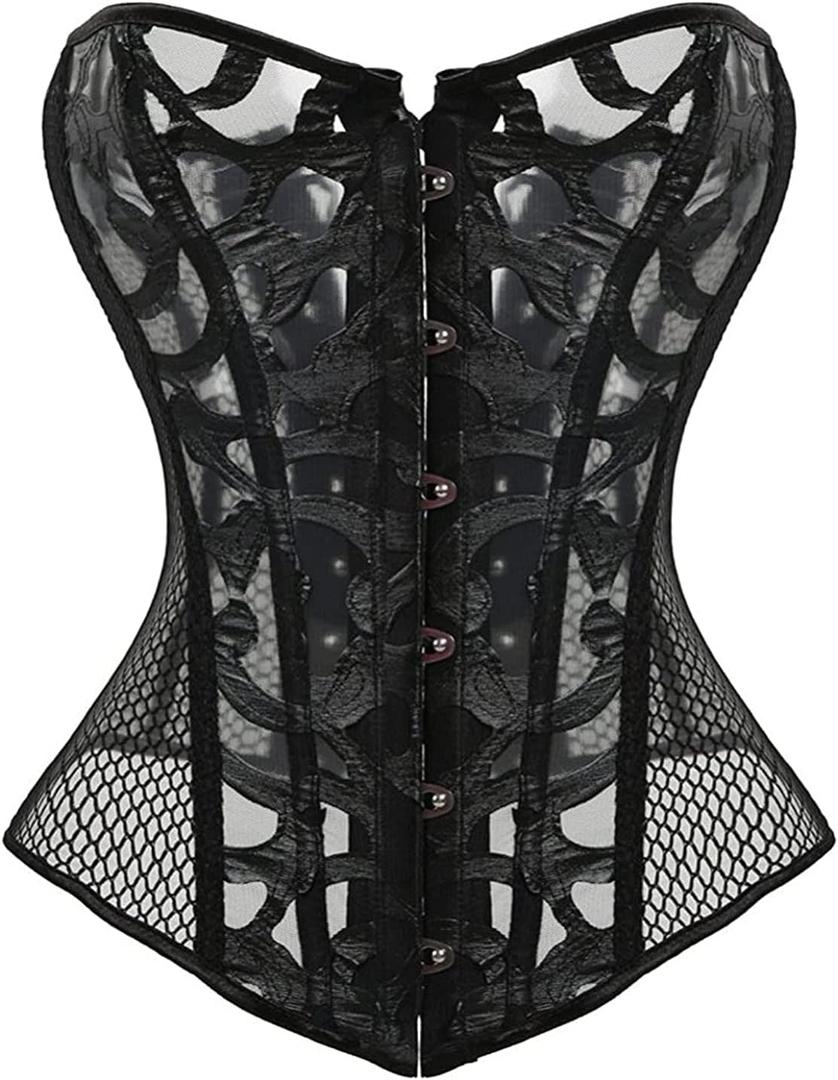 Women's Corset Top Lace Up Overbust Breathable Outfit Bodyshaper Bustier Sexy Lingerie Top (Large, Black)