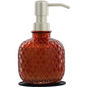 Soap Dispensers with Silicone Mat, for Kitchen and Bathroom Contertop Wash Hand Liquid, Dish Detergent, Farmhouse Style Shampoo Lotion Pump (1, Brown Glass with Champagne, 3-1/2" x 3-1/2" x 6-1/4")