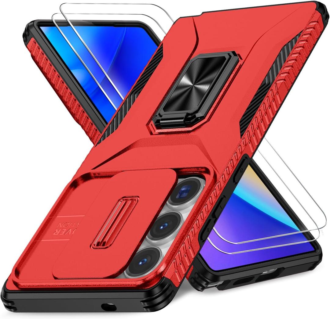 Case for Samsung Galaxy S25 Ultra with Slide Camera Cover+Screen Protector(2 Packs), Military Grade Shockproof Protective Cover, Rotated Ring Kickstand(A - Red)