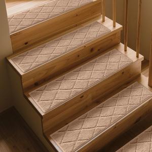 CELION Edged Non-Slip Stair Treads for Wooden Steps (30x8 Inches), 13mm Thick Tufted Carpet Mats, Indoor Stair Runners for Pets & Kids, 100% Polyester TPR Backing No Residue (Beige, 12pc)