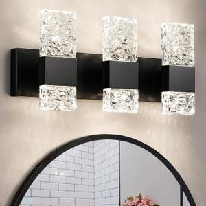 3-Light Modern Bathroom Light Fixtures, 30W Black LED Vanity Lights Over Mirror with Water Ripple Glass Shade, Crystal Wall Sconces 4000K Dimmable Vanity Lighting for Bathroom
