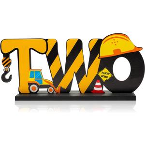 Haooryx Construction Truck Two Letter Sign Wooden Table Centerpiece for Boys, Two Years Old Baby 2nd Birthday Party Decorations, Construction Theme Party Supplies Baby Shower Decor Photo Props