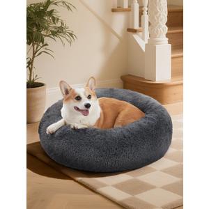 OhGeni 30 inches Orthopedic Donut Dog Bed Calming Cat Bed for Medium Size Pets, Warming Comfort Fluffy, Durable Waterproof Machine Washable Removable Cover, Round Bed for Puppy, Long Pile Gray