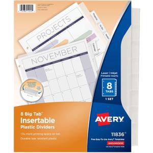 Avery Durable Plastic 8-Tab Insertable Big Tab Dividers for 3 Ring Binders, Clear, 1 Set (11836)
