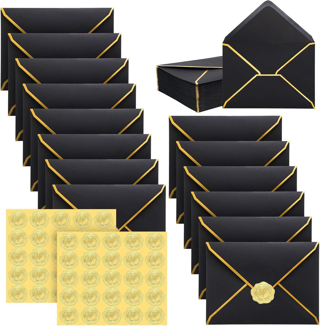 50 Pcs A7 Envelopes 5 x 7 Card Envelopes V Flap Mailer with Gold Border for Office Wedding Invitation Cards Graduation Baby Shower Greeting Cards(Black)