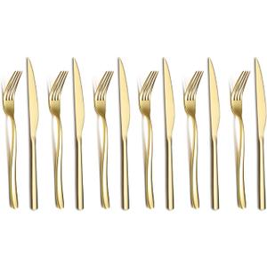 Gold Steak Knives Set 12 Piece, Premium Stainless Steel 6 Dinner Forks and 6 Dinner Knives Set, Steak Knives Steak Forks for 6 Person, Dishwasher Safe (Shiny Gold)