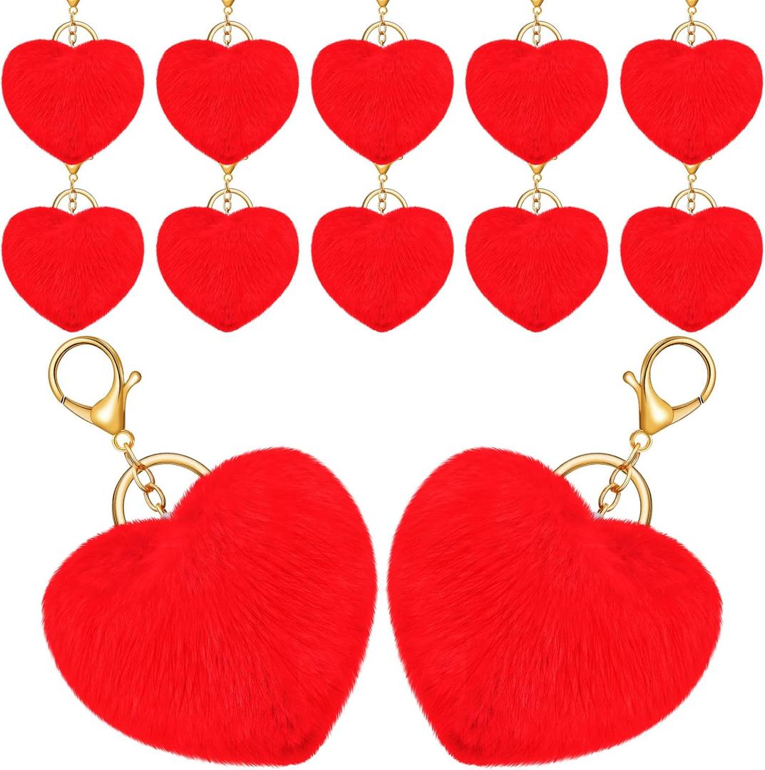 Hicarer 12 Pieces Valentine's Day Heart Shaped Pom Poms Keychains Fluffy Heart Cute Keyrings for Valentine Party Favor Gifts (Red)