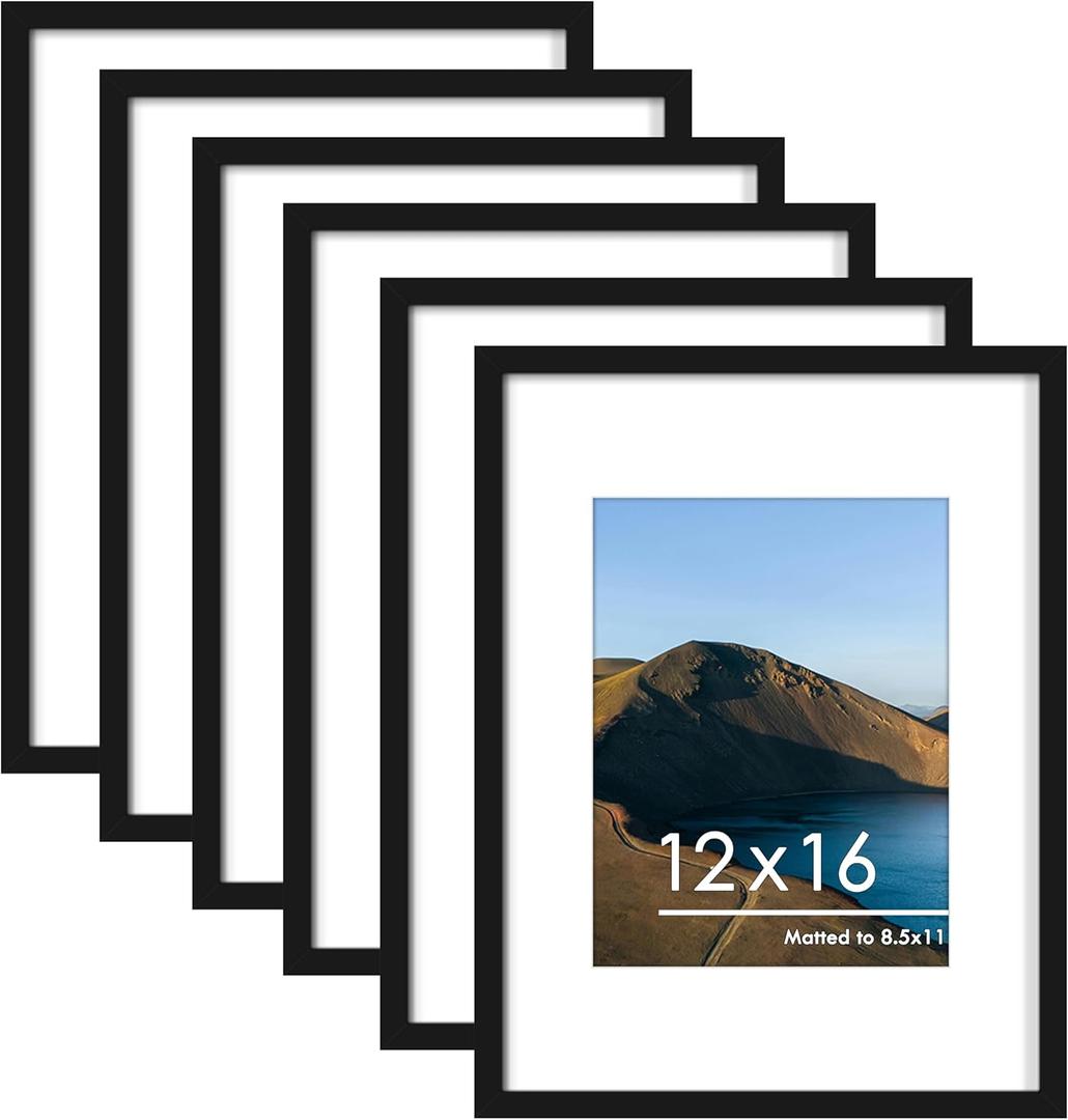 PEALSN 12x16 Picture Frame Set of 6, Display Pictures 8.5 x 11 with Mat or 12 x 16 without Mat for Wall Mounting Display, Photo Frames Collage for Wall Decor, Black