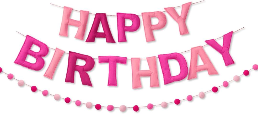 Pink Happy Birthday Banner Felt Ball Garland Pre-Strung Happy Birthday Sign for Party Backdrop Decorations Photo Prop