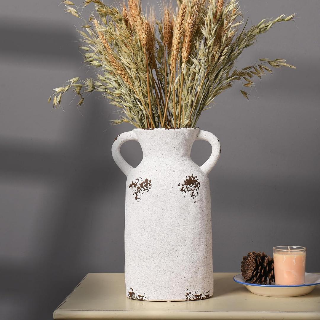 Rustic Ceramic Vase with 2 Handles, 10.6 Inch White Flower Vases Home Decor, Farmhouse Vases for Centerpieces, Decorative Terracotta Vase for Living Room Decor Shelf Decor Mantel Table Decorations