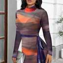 Sexy Long Sleeve Mini Dress for Women Sheer Mesh Printed Crew Neck Bodycon Party Clubwear See Through Dresses (Brown, M)