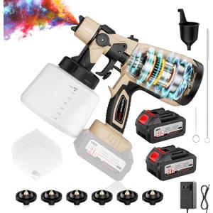Paint Sprayer, 650W Spray Paint Gun with Battery 2 × 4.0mAh, 6 Brass Nozzles & 1400ML (48 fl.oz) Container, Paint Sprayer for House Painting Graffiti Wall Fence Furniture DIY Projects