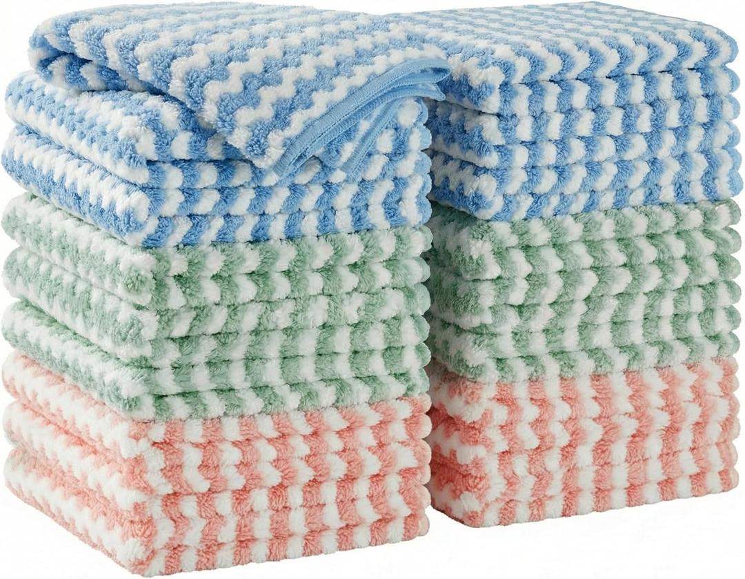JOYMOOP 18 Pack Microfiber Cleaning Cloth, Kitchen Towels for Dish Drying Washing, Absorbent Streak Free Lint Free Rags for Cleaning, Reusable and Washable Towels - 10" x 10", [Pink,Blue,Green]