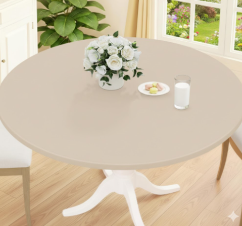 Smiry Round Picnic Tablecloth, Waterproof Elastic Fitted Table Covers for 57" - 68" Tables, Wipeable Flannel Backed Vinyl Tablecloths for Camping, Indoor, Outdoor, Color Beige