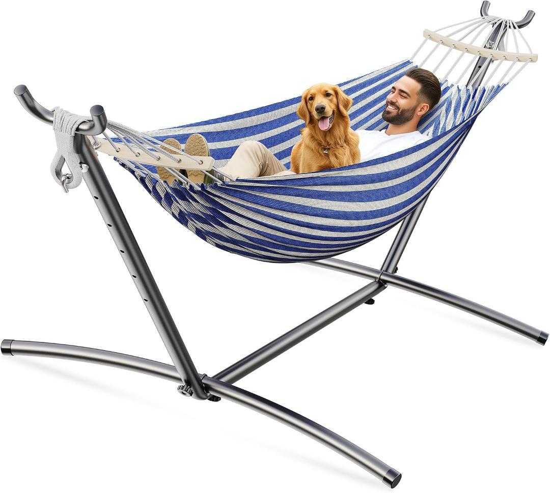 ANAGOO 2 Person Hammock with Stand, 500 lb Indoor Outdoor, Blue White | Adjustable Height | Heavy Duty Steel Stand | Anti-Tip Spreader Bars | Tool-Free 10-Min Setup