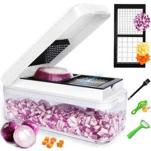 Vegetable Chopper, Onion Chopper Dicer, Mandoline Slicer, Food Chopper with Container, Vegetable Cutter for Salad Potato Carrot Garlic2 Blades, White Black