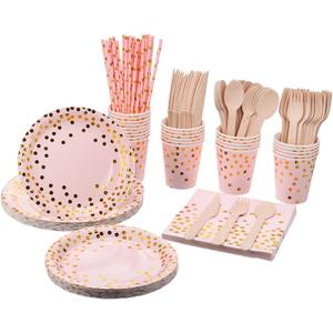 200 Pink Party Supplies - Disposable Dinnerware Set Serves 25, Gold Dots on Pink Paper Plates, Cups & Napkins, Wooden Knives, Spoons & Forks for Baby Shower, Wedding or Bridal Shower (w045)