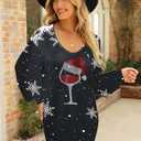 UNIQUEONE Women Dress Shirt Christmas Long Sleeve Tops Red Wine Glass Christmas Shirts V Neck Xmas Santa Hat Graphic (Black, L)