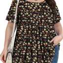 PEVRL Plus Size Tops for Women Summer 2025 Short Sleeve Shirts Tunics Square Neck Casual Loose Blouses Champagne flower 5XL