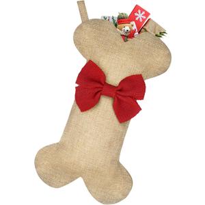 Malier New Linen Large Christmas Stocking for Dogs Cats Pets Jute Natural Burlap Dog Bone Shape Hanging Dog Christmas Stocking - Red