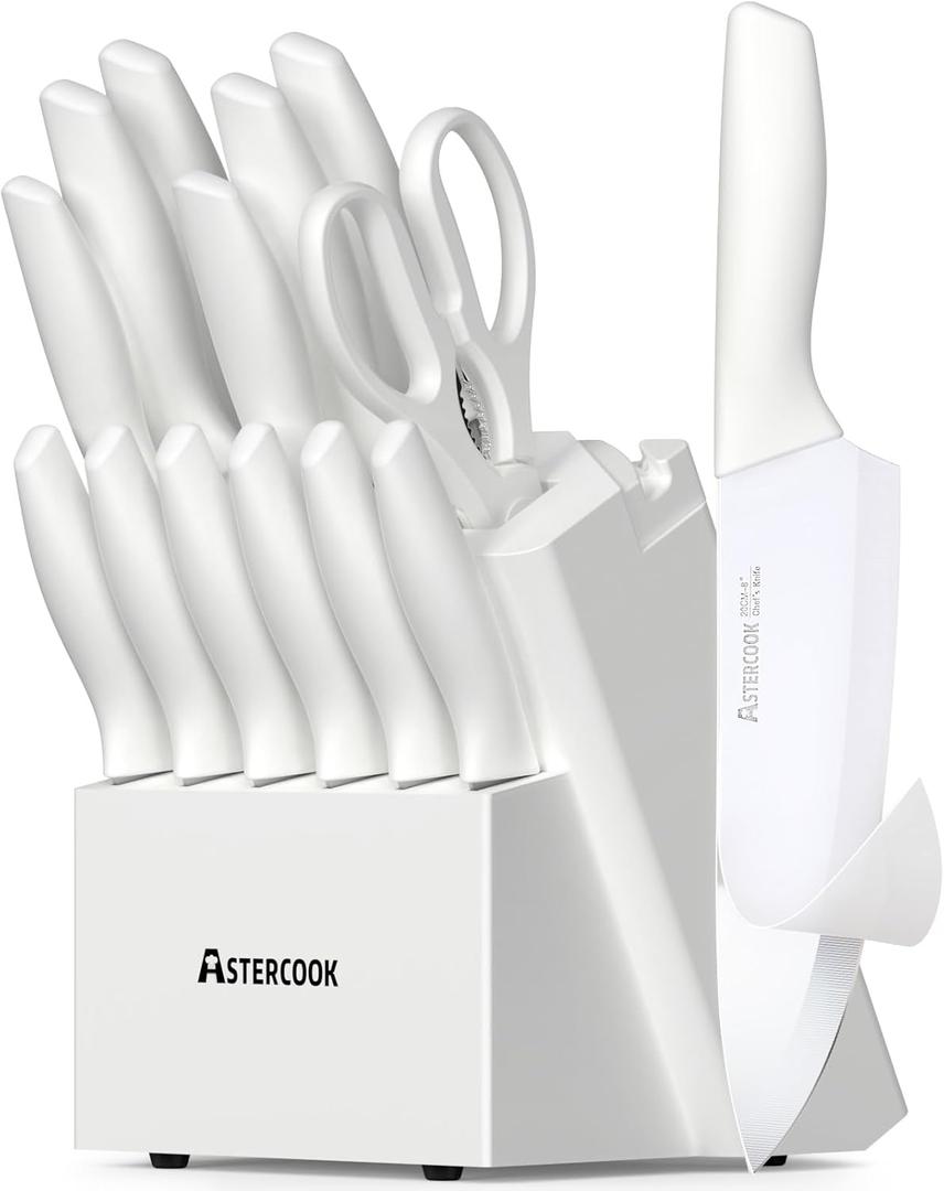 Astercook Knife Set for Kitchen 15 Piece with Block and Sharpener Kitchen Knives with Ceramic Coating Sharp Blade Dishwasher Safe Deba Knives with Anti-slip Ergonomic Handle, Elegant White