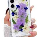 Compatible with Samsung Galaxy S25 Case Cute Pressed Dried Real Flowers Design Women Girly Shockproof Soft TPU Floral Clear Phone Cover for Galaxy S25 (Purple Flower)
