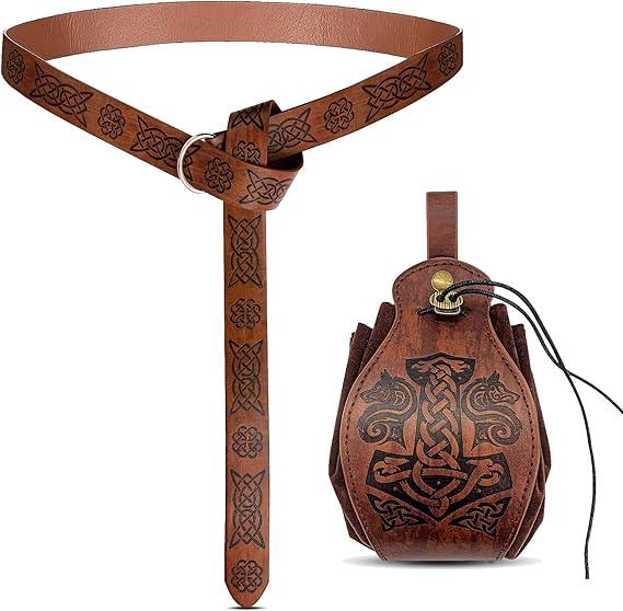 Medieval Renaissance Accessories - Halloween Belt Pouch Bracer Sword Frog Set -Viking Pirate Knight Costume for Men and Women