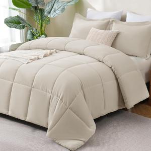CozyLux Queen Size Comforter Sets Beige - 3 Pieces Box Stitched Queen Bed Set for All Seasons, Soft Lightweight Bedding Sets with 1 Down Alternative Comforter and 2 Pillow Shams