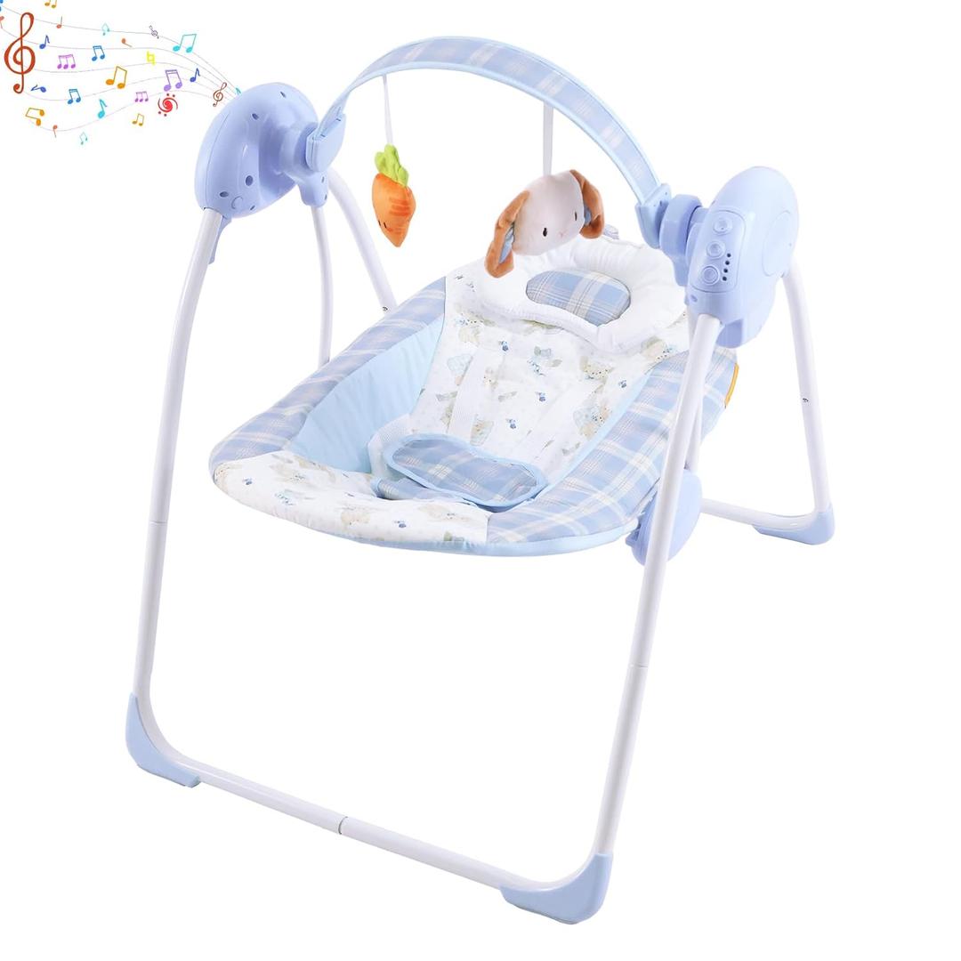 Baby Swing for Infant,Newborn Swing with Music,5 Speed Levels,Timing Setting,Soft Cushion,Foldable Infant Swing for Indoor Outdoor Use 0-9 Months (Blue Bunny)