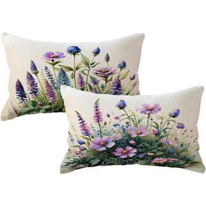 Watercolor Wildflowers Lumbar Pillow Covers 12 x 20 Inch Purple Flower Botanical Throw Cushion Case 2Pack Rustic Farmhouse Spring Summer Holiday Decoration for Sofa Patio Porch(Purple)