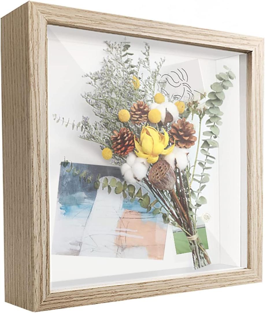 8x8 Shadow Box Frame Display Case with Letter Stickers, Display Case Box for Memorabilia, Baby Items, Crafts,Tickets and Photos (Natural Gray, 8x8)