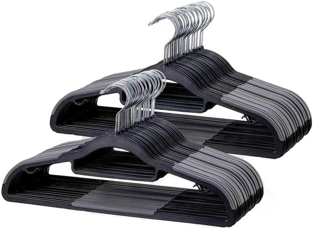 50 Pack Coat Hangers, Space-Saving, Non-Slip, Sturdy Heavy Duty Hangers for Suit, 0.2 Inches Slim Plastic Clothes Hangers, 360 Swivel Hook for Suit/Clothes, Black and Dark Gray