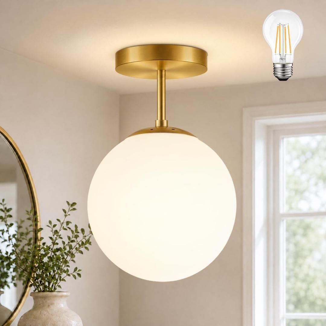 Globe Semi Flush Mount Ceiling Light Fixture Globe Ceiling Light Milk Glass Matte Gold Finish Contemporary Mid Century Modern Lighting for Hallway Living Room Kitchen Bedroom Storage(Bulb Included)