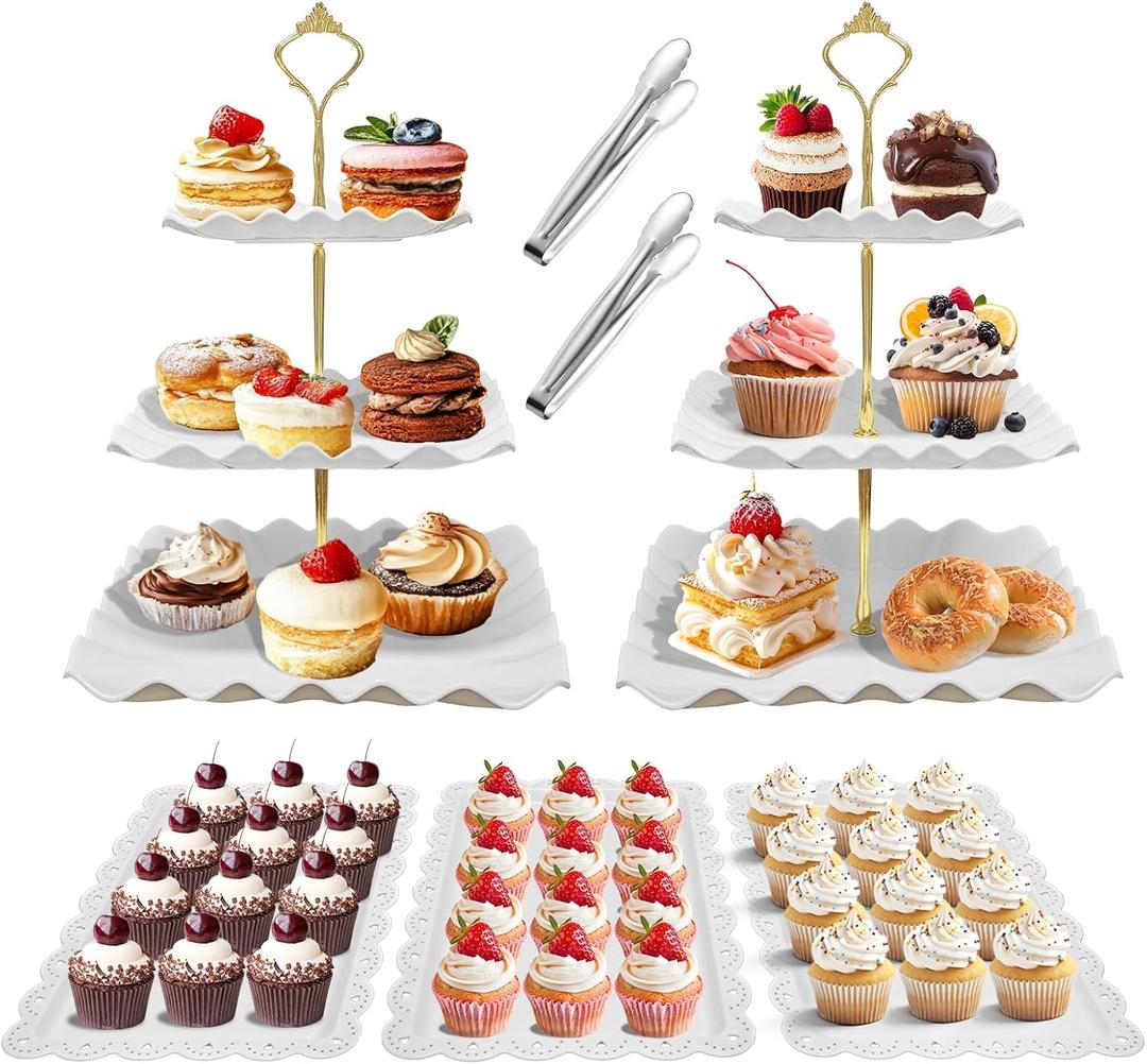 7 Pcs Dessert Table Display Set - 2 x 3 Tiered Cupcake Stand Holder ,2x Tongs,3 X Serving Tray Combo for Tea Party, Birthday, Baby Shower,Wedding-Wave Square